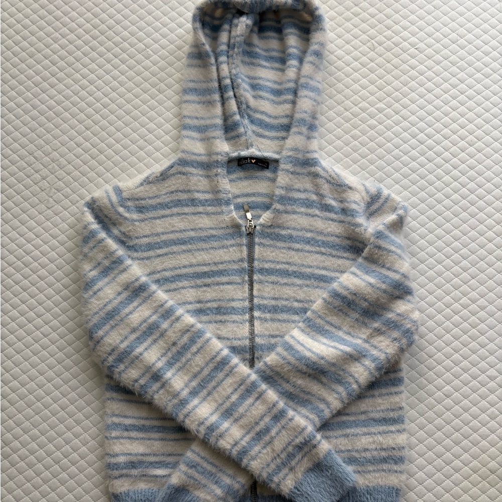 Striped Fuzzy Cropped Hooded Sweater